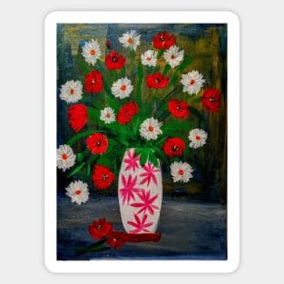 Poppies and daisy's in a white vase with pink stars Sticker